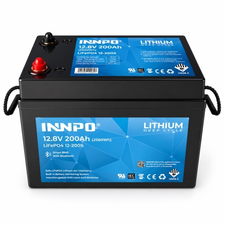 INNPO LiFePO4 12.8V 200Ah battery, 350 × 190 × 270 mm case.