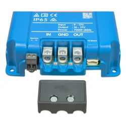 Victron DC-DC battery charger booster Orion XS 12/12-50A, connections with cover open.
