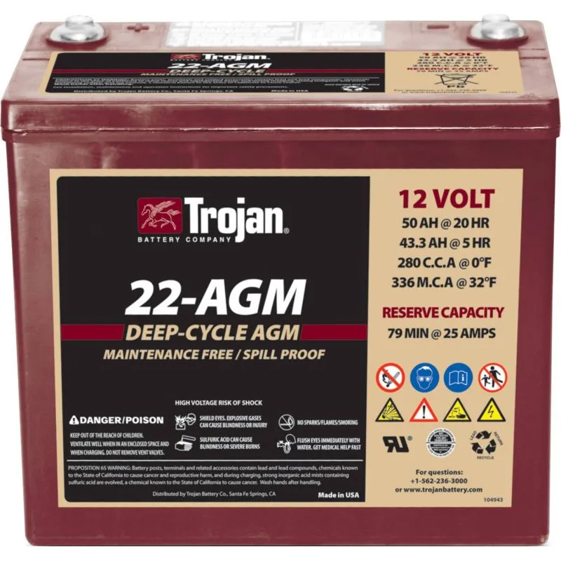 ▷ Lead-Acid AGM Battery 12V 50Ah Trojan 22-AGM Deep Cycle